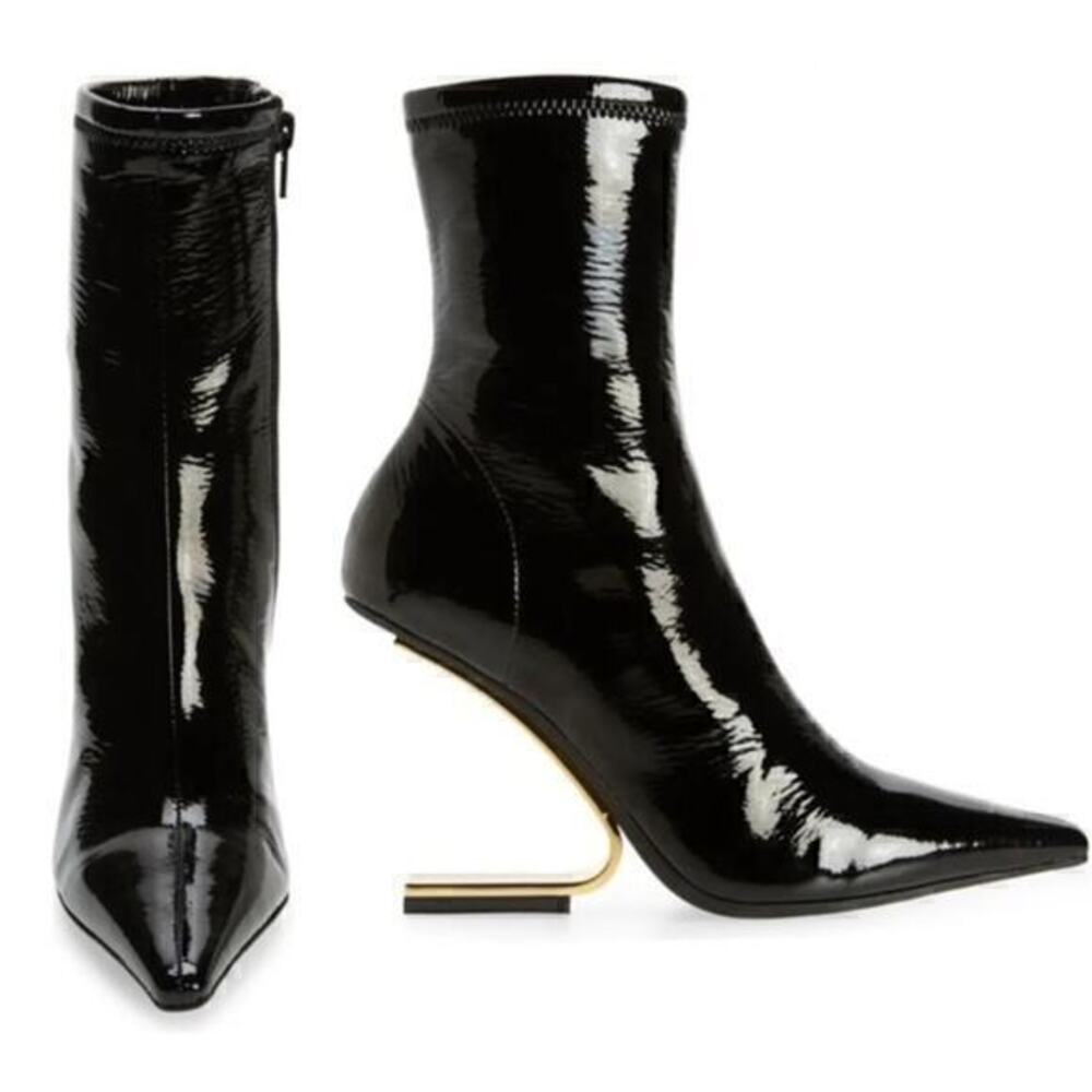 ▶️ Jeffrey Campbell ◀️ Compass Black Patent ankle boots gold inverted heel.